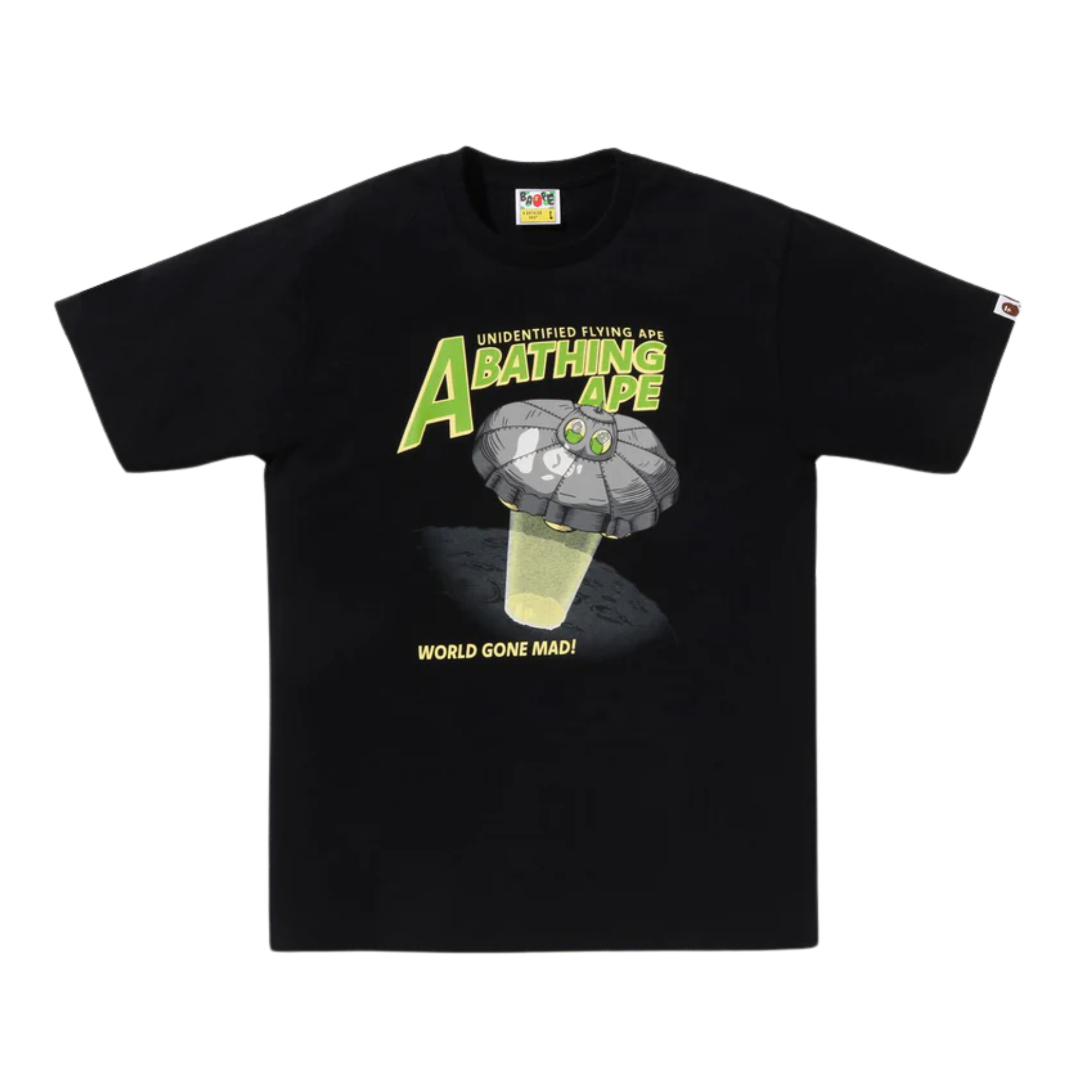 A BATHING APE APE HEAD UFO ON MOON TEE BLACK